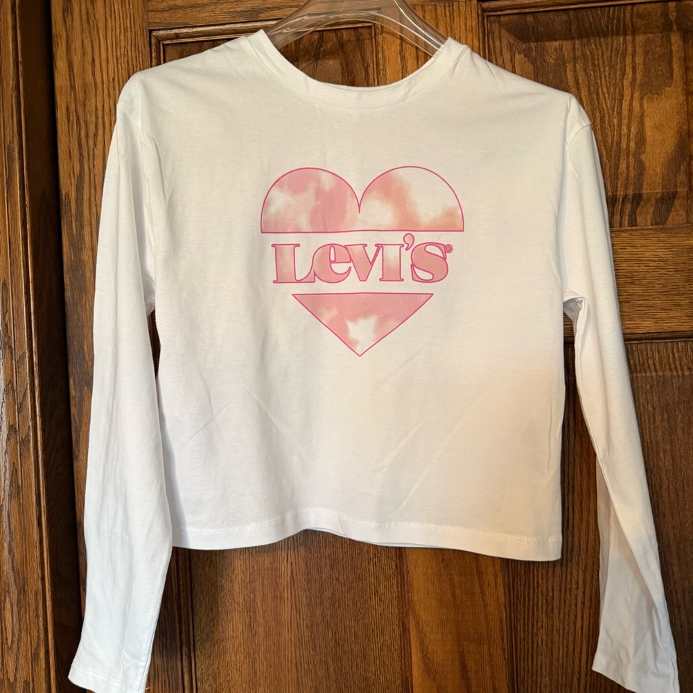 Levi's Kids White Long Sleeve Crop Tee with Pink Heart